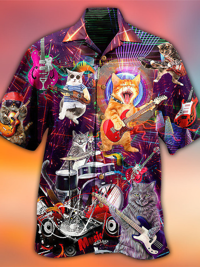  Herre Skjorte Hawaii skjorte Kat Grafiske tryk Guitar Aftæpning Gul Blå Lys Lilla Lilla Afslappet Ferie Kortærmet Knap ned Trykt mønster Tøj Tropisk Mode Hawaiiansk Blødt