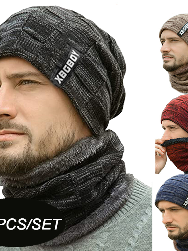  2 pièces/ensemble hiver bonnet chapeaux écharpe ensemble chaud tricot chapeau cache-cou avec épais polaire doublé hiver chapeau et écharpe pour hommes femmes