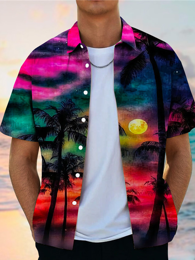  Voor heren Overhemd Hawaiiaans overhemd Kokosnootboom Landschap Grafische prints Strijkijzer Paars Grijs 3D-afdrukken Straat Dagelijks Korte Mouw Button-omlaag Afdrukken Kleding Tropisch Modieus