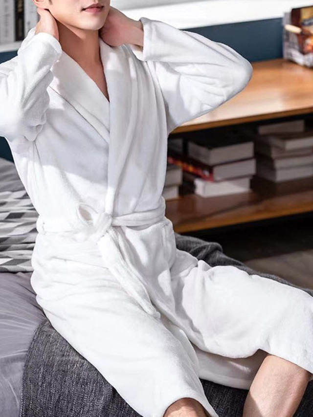  Men's Plus Size Pajamas Robe Bathrobe Robes Gown Pure Color Stylish Casual Comfort Home Daily Flannel Comfort Warm Long Robe Pocket Winter Fall White Navy Blue