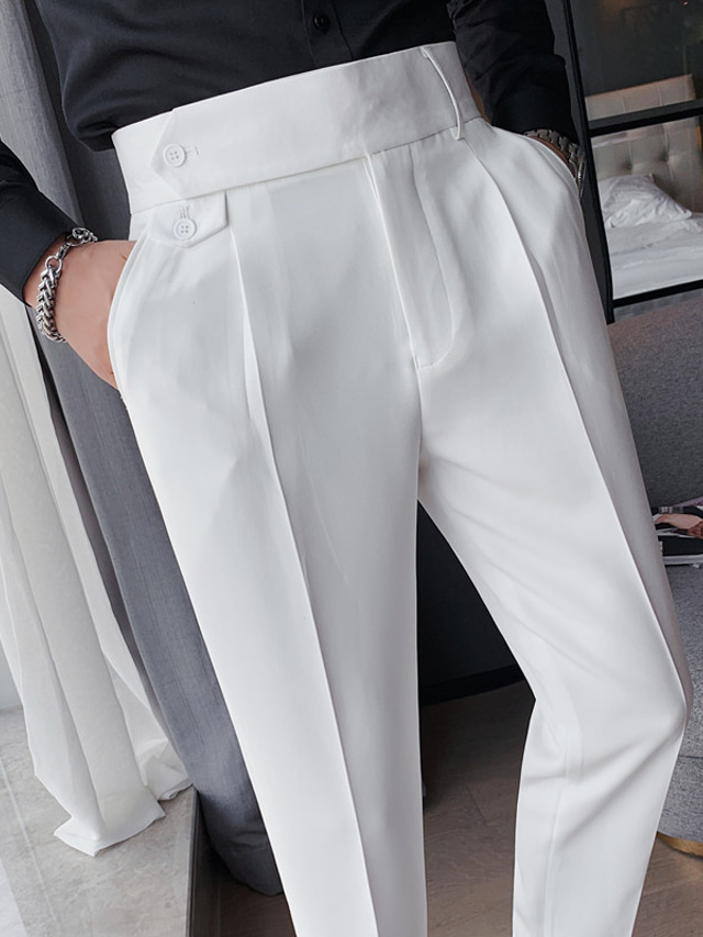 Męskie Spodnie Plisowane spodnie Prosta noga Wysoki wzrost Równina Komfort Biuro Praca Biznes Zabytkowe Elegancja Czarny Biały Wysoka talia Średnio elastyczny