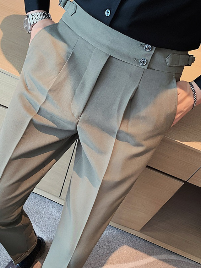  Męskie Spodnie Plisowane spodnie Kieszeń Prosta noga Wysoki wzrost Równina Komfort Biuro Biznes Codzienny Zabytkowe Elegancja Czarny Zielony Wysoka talia Średnio elastyczny