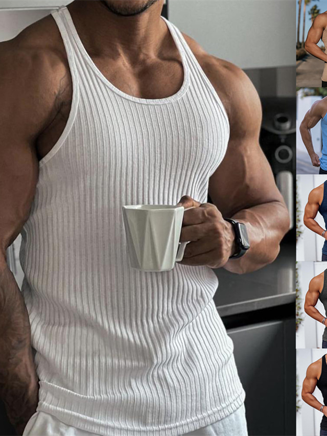  Men's Tank Top Undershirt Sleeveless Shirt Wifebeater Shirt Striped U Neck Sport Indoor Sleeveless Clothing Apparel Fashion Streetwear