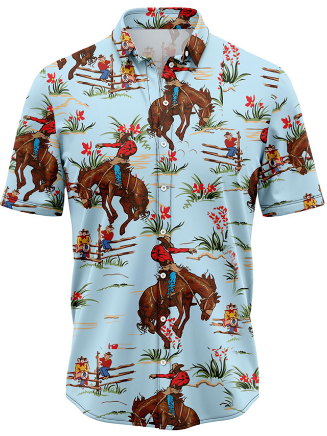  Voor heren Overhemd Hawaiiaans overhemd Cowboyshirt Grafische prints Cowboy Strijkijzer Blozend Roze blauw Paars Straat Casual Korte Mouw Button-omlaag Afdrukken Kleding Tropisch Modieus Hawaii