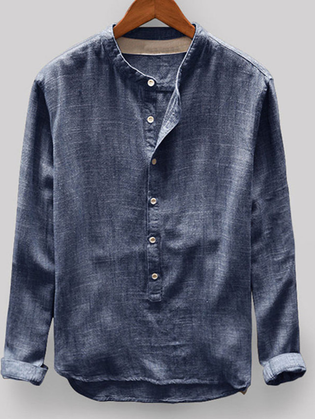  Homme Chemise Lin Plein Col Mao Jaune Vert Kaki Bleu de minuit Gris Extérieur du quotidien manche longue Bouton bas Vêtement Tenue Coton Décontractées Confortable