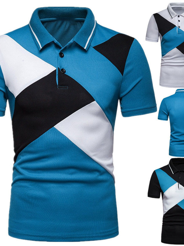  Men's Polo Shirt Golf Shirt Outdoor Casual Polo Collar Ribbed Polo Collar Short Sleeve Streetwear Casual Color Block Button Front Summer Spring Regular Fit Black White Blue Polo Shirt