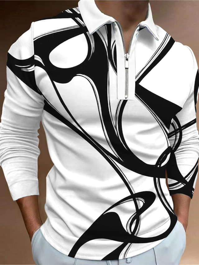  Herr POLO Shirt Golftröja Abstrakt Grafiska tryck Nedvikt Svart Vit Gul Blå Himmelsblå 3D-tryck Utomhus Gata Långärmad Dragkedja Mönster Kläder Sport Mode Streetwear Designer