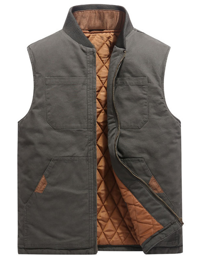  Men's Vest Gilet Soft Comfortable Outdoor Daily Wear To-Go Zipper Standing Collar Casual Warm Ups Jacket Outerwear Plain Zipper Pocket Army Green khaki Dark Blue