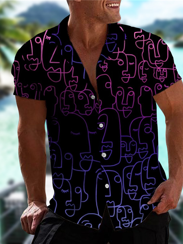  男性用 シャツ アロハシャツ 抽象的 グラフィック 落書き 折襟 ブラック ホワイト 3Dプリント カジュアル 祝日 半袖 ボタンダウン プリント 衣類 トロピカル風 ファッション ハワイアン ソフト