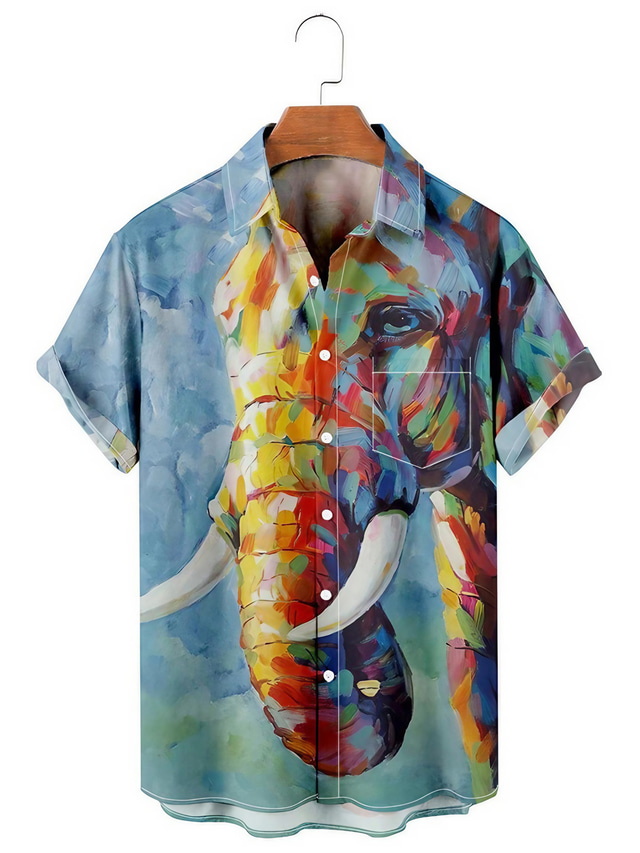  Men's Shirt Animal Elephant Graphic Prints Turndown Blue Green Khaki 3D Print Outdoor Street Short Sleeves Button-Down Print Clothing Apparel Tropical Fashion Hawaiian Designer