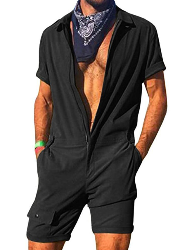  Homme Combinaison Shorts décontractés Zippé Poche Plein Confort Casual du quotidien Vacances Mélange de Coton Vêtement de rue mode Noir Vert Véronèse