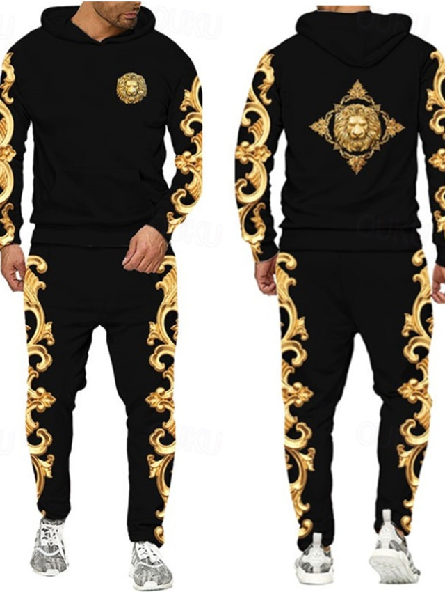  Voor heren Trainingspak Truien instellen Zwart + Bruin Zwart Goud Bruin Bruin 2 Capuchon Grafisch Bloemen 2-stuks Afdrukken Sport & Outdoor Casual Sport 3D-afdrukken Streetwear Ontwerper Basic Lente