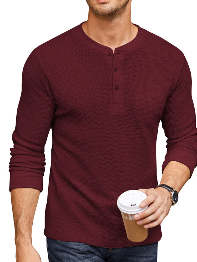  Men's Henley Long Sleeve Basic Waffle Gingham Pullover T-shirt with Pockets