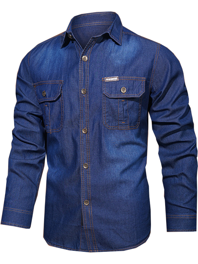  Herren Knopfhemd Jeanshemd Lässiges Hemd Chambray-Hemd Glatt Umlegekragen Blau Leicht Blau Strasse Casual Langarm Button-Down Bekleidung Baumwolle Denim Modisch Klassisch Komfortabel