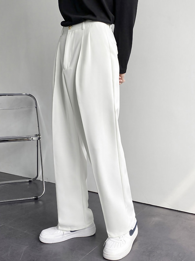 Men S Dress Pants Culottes Wide Leg Pleated Pants Pocket Straight Leg