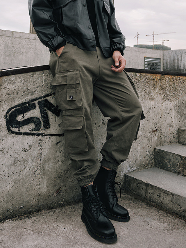  Men's Cargo Pants Joggers Trousers Drawstring Elastic Waist Multi Pocket Plain Comfort Wearable Ankle-Length Outdoor Casual Daily Sports Stylish ArmyGreen Black