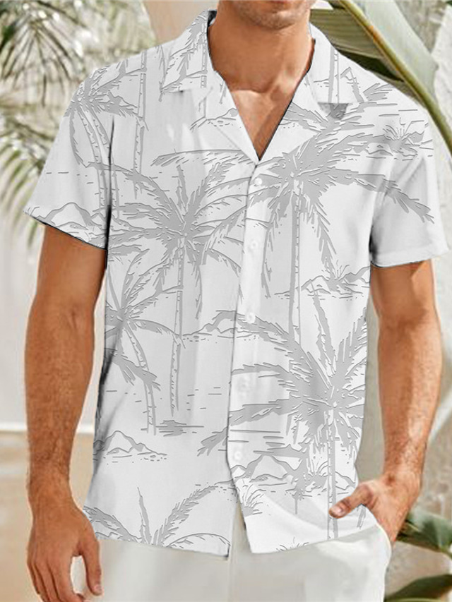  男性用 シャツ ココナッツの木 グラフィック 折襟 ブラック ホワイト 3Dプリント ストリート 日常 半袖 ボタンダウン プリント 衣類 トロピカル風 ファッション ハワイアン ソフト