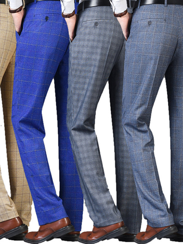  Bărbați Costume Pantaloni Buzunar Picior drept Zăbrele Birou Muncă Afaceri Șic & Modern Oficial Gri fum Bleumarin Micro-elastic