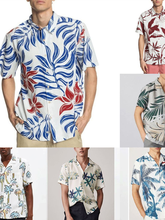  Men's Summer Hawaiian Shirt Button Up Shirt Casual Shirt Camp Collar Shirt Cuban Collar Shirt Graphic Prints Floral&Plants Turndown White Light Green Red Blue Beige Street Holiday Short Sleeves