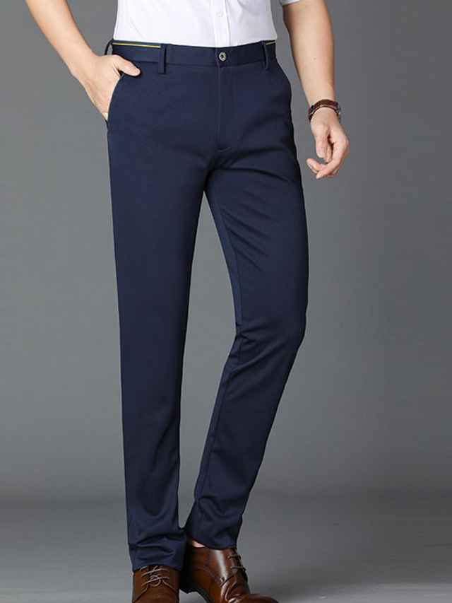  男性用 スーツ ズボン ポケット まっすぐな足 平織り 履き心地よい オフィス ワーク ビジネス ストリートファッション フォーマル ブラック ネイビーブルー マイクロエラスティック