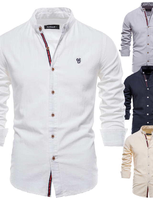  мужская классическая рубашка, однотонная рубашка с воротником-стойкой, уличные повседневные топы с длинными рукавами на пуговицах, повседневная мода, дышащие удобные белые, серые, хаки, летние рубашки