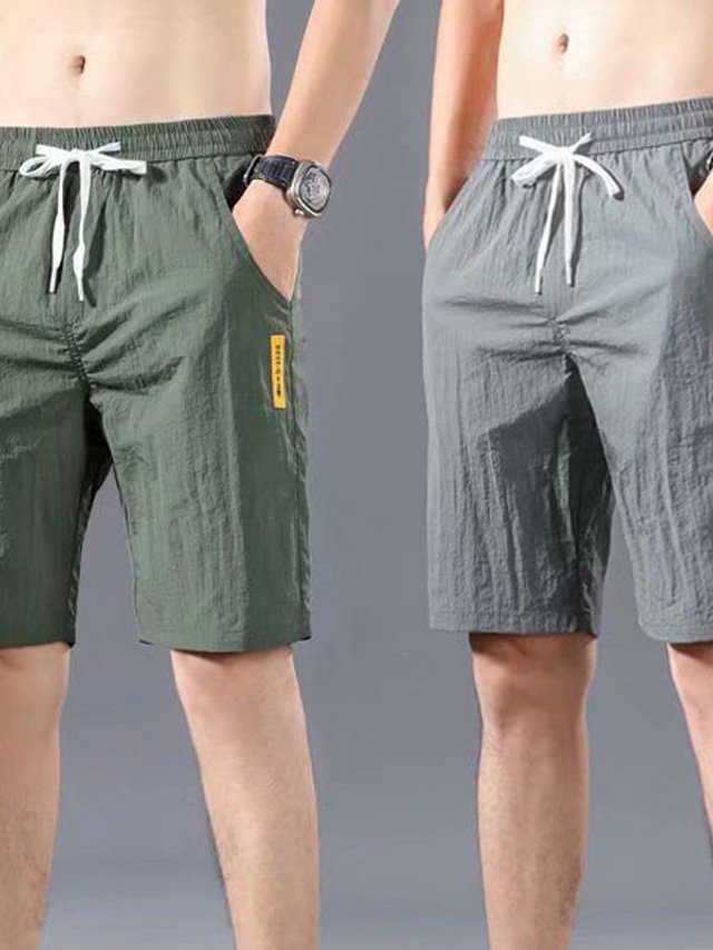  Men's Beach Shorts Casual Shorts Drawstring Elastic Waist Plain Quick Dry Outdoor Going out Fashion Streetwear Black Green Micro-elastic
