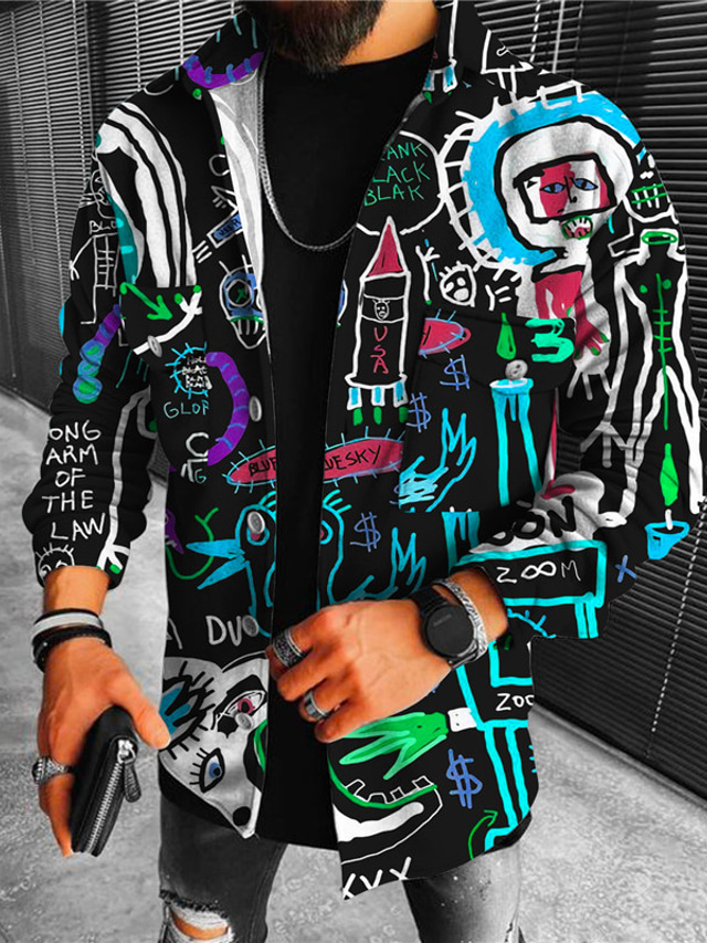  Bărbați Cămașă Jachetă cămașă Abstract Imprimeu Grafic graffiti rachetă Răsfrânt Galben Albastru piscină În aer liber Stradă Manșon Lung Buton în jos Imprimeu Îmbrăcăminte Sport Modă Șic Strad
