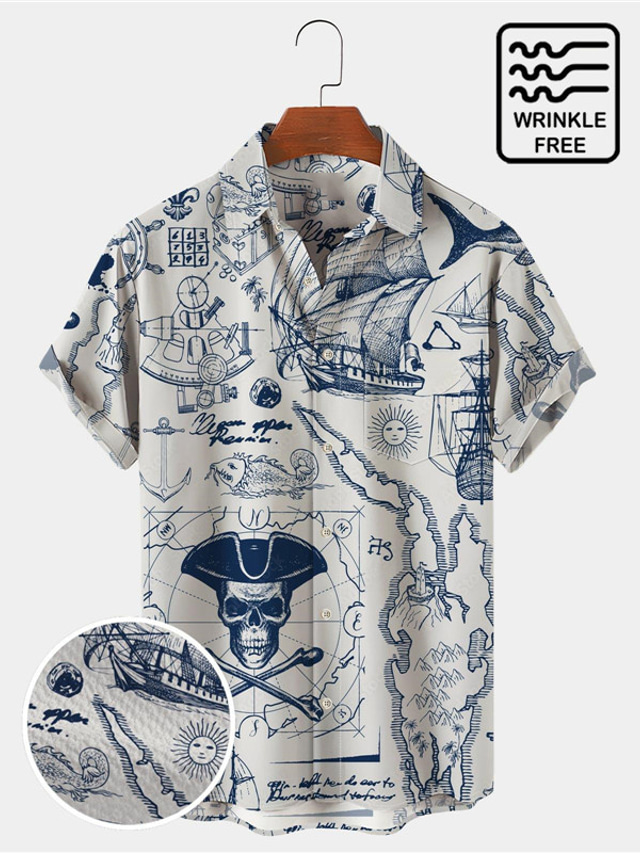  Camisas hawaianas vintage de los años 50 para hombres, mapa náutico, barco pirata, cráneo, seersucker, sin arrugas, fácil cuidado, camisas aloha
