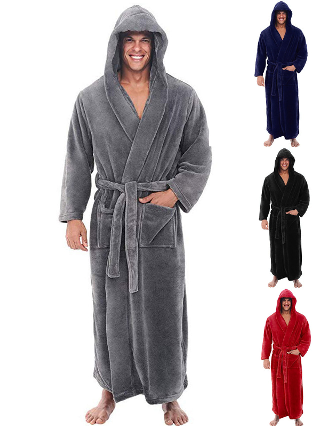  Men's Plus Size Pajamas Robes Gown Sleepwear Bath Robe Pure Color Stylish Casual Comfort Home Daily Flannel Comfort Warm Long Robe Pocket Winter Fall Black Dark Blue