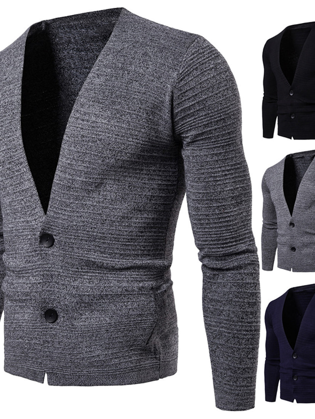  Men's Sweater Cardigan Sweater Ribbed Knit Knitted Button-Down Plain Deep V Warm Ups Modern Contemporary Daily Wear Going out Clothing Apparel Winter Black Dark Navy M L XL