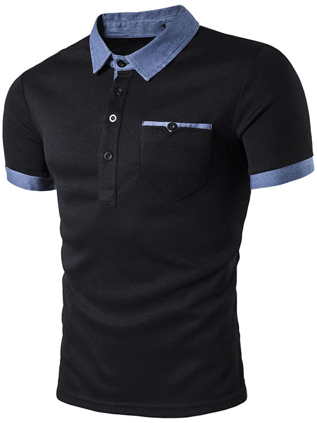  男性用 ポロシャツ ゴルフシャツ カラーブロック 折襟 ブラック ホワイト アウトドア ストリート 半袖 ボタンダウン 衣類 コットン カジュアル 快適 ポケット