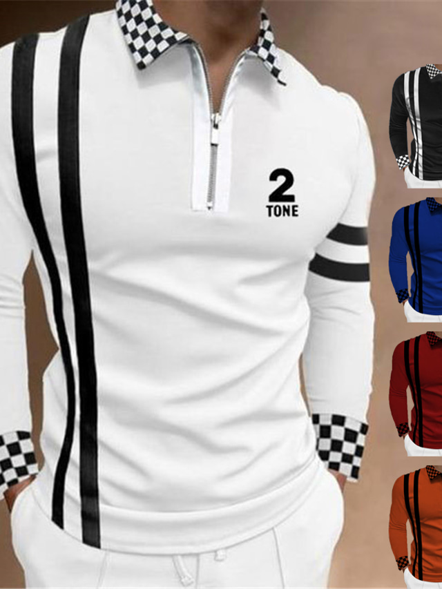 Voor heren POLO Shirt Golfshirt Ruitjes Brief Grafische prints Strijkijzer Zwart Wit Geel Lichtgroen Rood 3D-afdrukken Buiten Straat Lange mouw Vetoketju Afdrukken Kleding Sport Modieus Streetwear