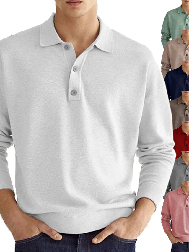  Men's Sweatshirt Solid Color Polo Collar Work Casual Sweatshirts Long Sleeve Dark Khaki White Gray