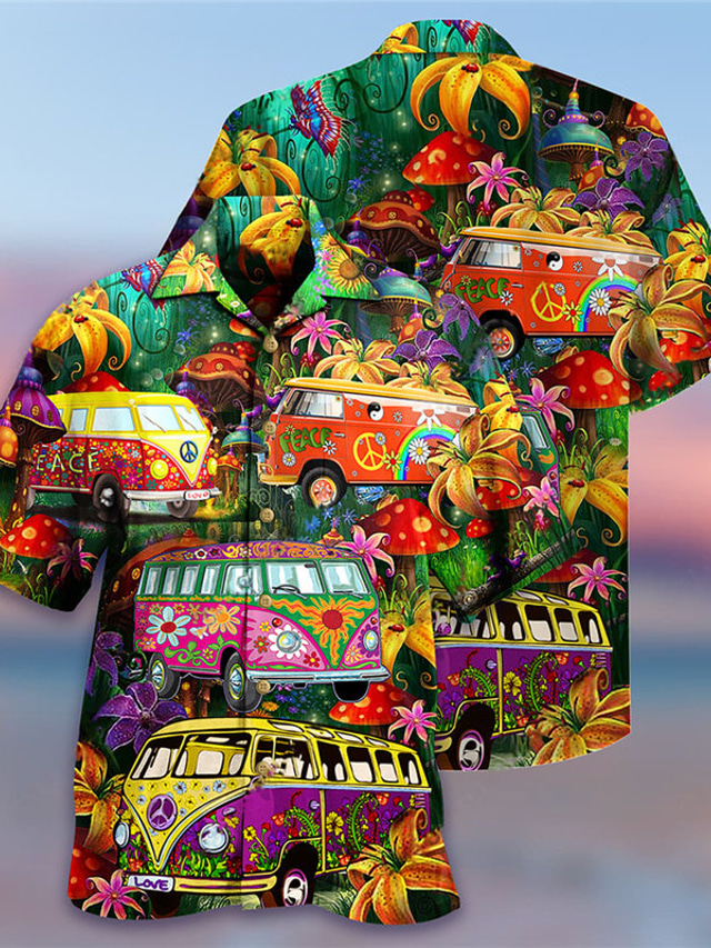  Herren Hemd Hawaiihemd Sommerhemd Grafik-Drucke Hippie Bus Umlegekragen Hellgelb Schwarz Hellgrün Purpur Braun Casual Hawaiianisch Kurzarm Button-Down Bedruckt Bekleidung Tropisch Modisch
