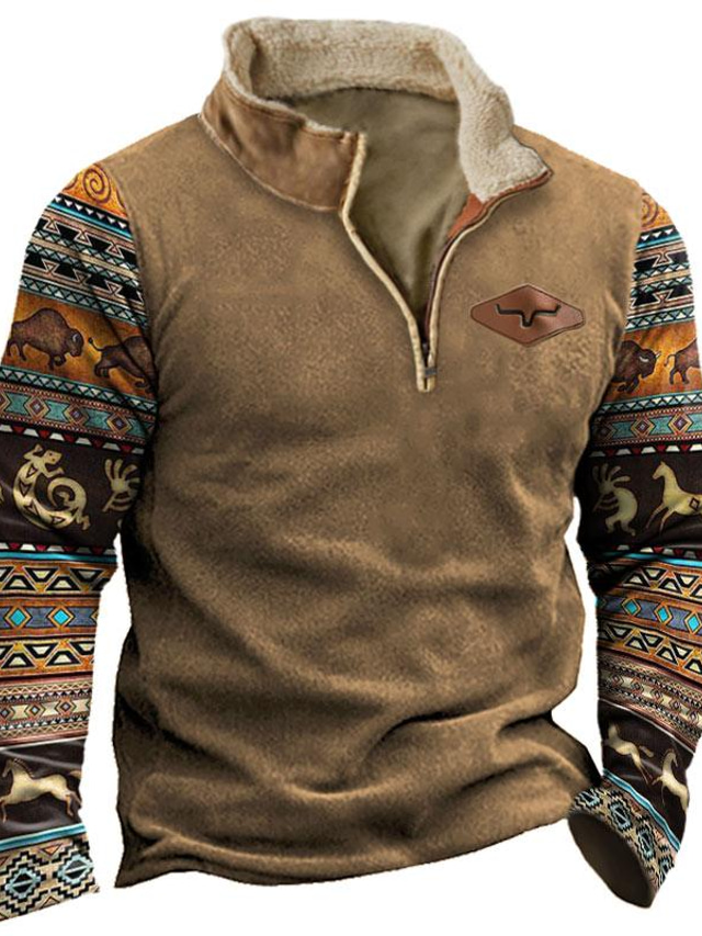  Men's Vintage Western Cowboy Zip Colorblock Stand Collar Sweatshirt