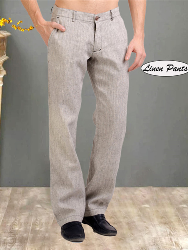  Men's Linen Pants Trousers Summer Pants Pocket Straight Leg Plain Comfort Casual Daily Holiday Linen / Cotton Blend Streetwear Stylish Blue Green
