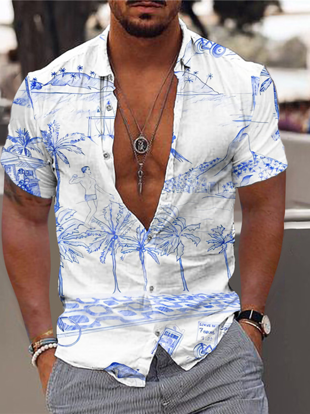  Men's Shirt Coconut Tree Turndown White + Green White+Black Blue 3D Print Outdoor Street Short Sleeves Button-Down Print Clothing Apparel Fashion Designer Casual Breathable