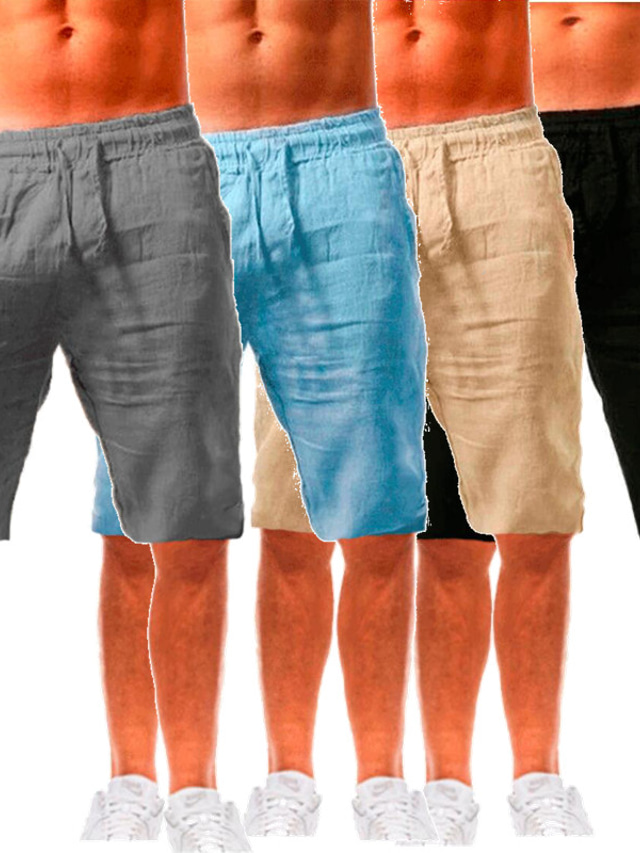  Men's Shorts Linen Shorts Summer Shorts Pocket Drawstring Elastic Waist Solid Color Sports Short Casual Streetwear Hip-Hop ArmyGreen Black Inelastic