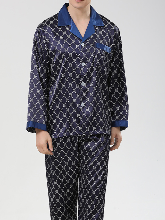 Men's Pajama Set Pajama Top and Pant Silk Pajama 1 set Plaid Stylish Casual Comfort Home Daily Bed Polyester Comfort Lapel Fall Spring Navy Blue