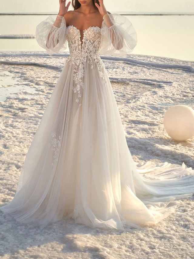  TS Beach Formal Wedding Dresses A-Line Off Shoulder Long Sleeve Court Train Lace Bridal Gowns With Appliques 2024