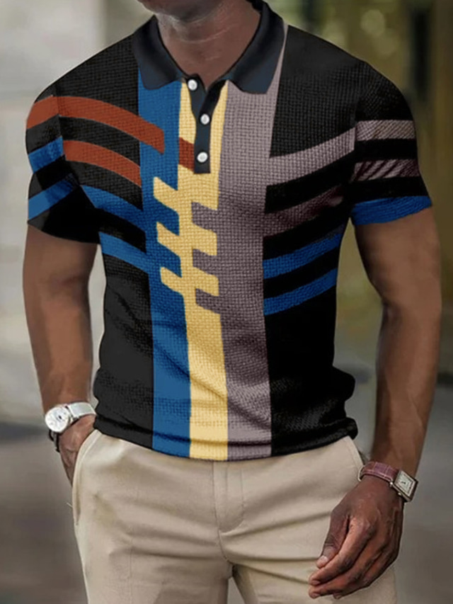  Men's Polo Shirt Golf Shirt Geometry Turndown Yellow Pink Blue Sky Blue Orange 3D Print Outdoor Street Short Sleeves Print Button-Down Clothing Apparel Fashion Designer Casual Breathable