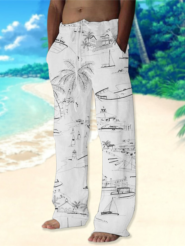  Men's Trousers Summer Pants Beach Pants Drawstring Elastic Waist 3D Print Coconut Tree Graphic Prints Comfort Casual Daily Holiday Hawaiian Designer White Yellow