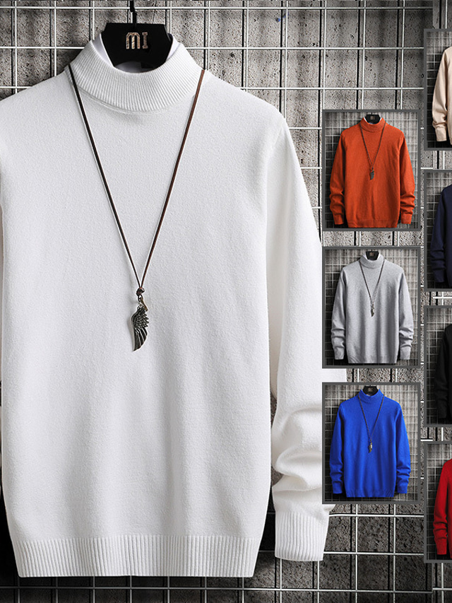  Men's Sweater Pullover Sweater Jumper Ribbed Knit Knitted Plain Mock Neck Stylish Casual Daily Wear Vacation Clothing Apparel Spring &  Fall Black White M L XL