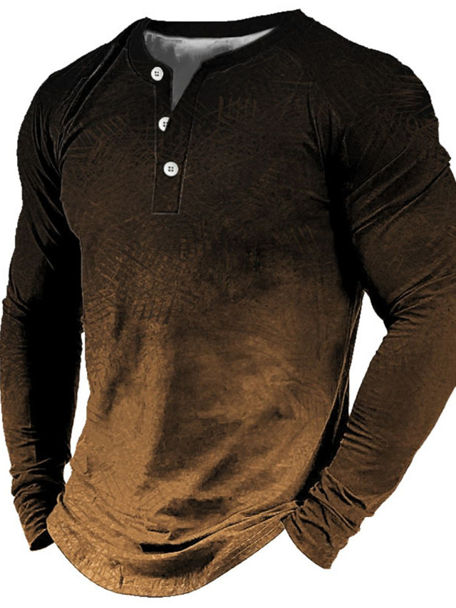  Hombre Henley Shirt Tee camisa de la vendimia Moda Design Cómodo Camisa Graphic Degradado Manga Larga Camisa Azul Piscina Rojo Marrón Exterior Casual Diario Henley Primavera & Otoño Ropa Impresión 3D