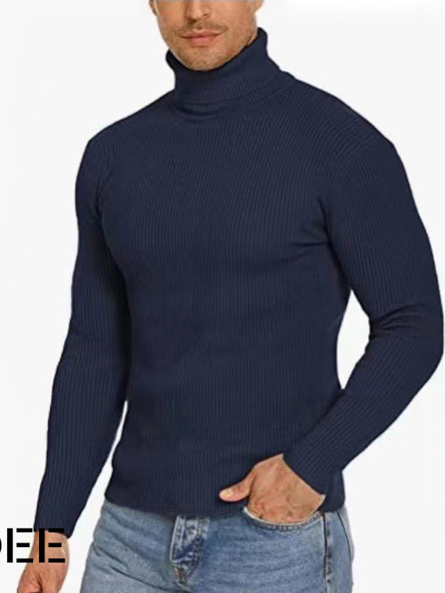  Męskie Sweter Pulower Prążkowany Robić na drutach Skrócona długość Dzianiny Równina Golf Moda Moda miejska Na zewnątrz Wyjściowe Odzież Jesień i zima Wino Czarny M L XL