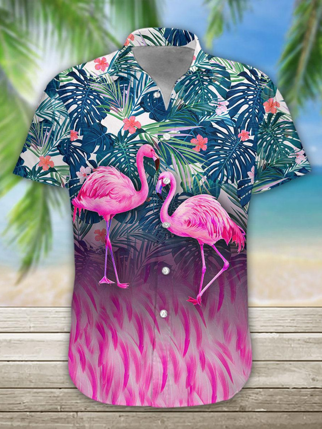 Herre Skjorte Hawaii skjorte Blomstret Flamingo Grafiske tryk Aftæpning Blå udendørs Afslappet Kort Ærme Knap ned Trykt mønster Tøj Designer Afslappet Blødt Åndbart
