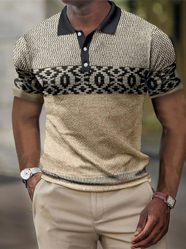  Men's Polo Shirt Waffle Polo Shirt Golf Shirt Graphic Prints Geometry Turndown Khaki Outdoor Street Short Sleeves Print Button-Down Clothing Apparel Fashion Designer Casual Soft