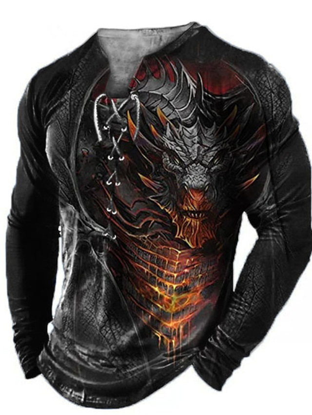  Men's T shirt Tee Tee Graphic Animal Dragon Collar Clothing Apparel 3D Print Casual Daily Long Sleeve Lace up Print Fashion Designer Comfortable