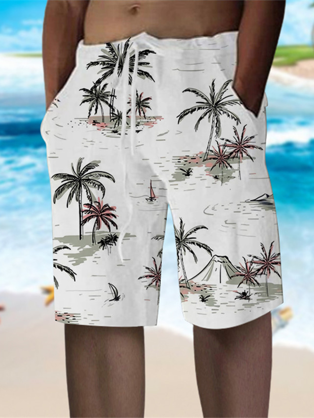 Herr Shorts Sommarshorts Beach Shorts Snörning Elastisk midja 3D-utskrift Grafisk Kokosnötsträd Andningsfunktion Mjuk Kort Ledigt Dagligen Helgdag Streetwear Hawaiisk Vit Grön Microelastisk