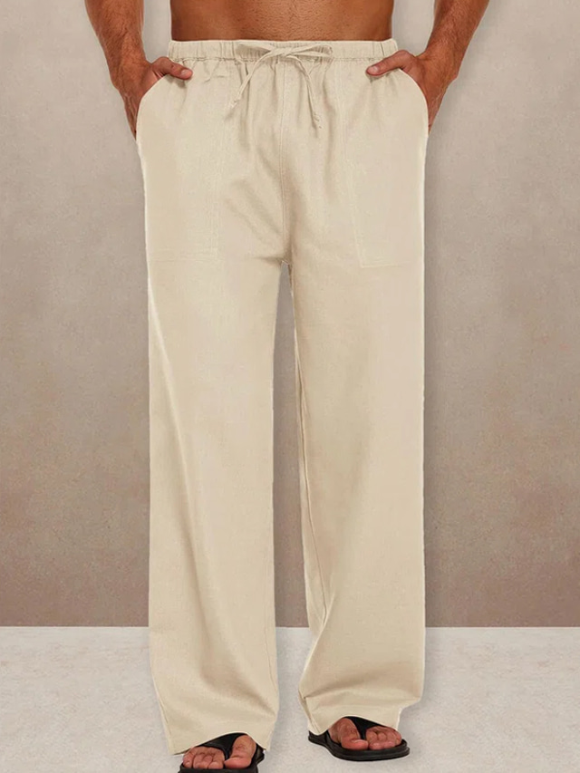  Men's Linen Pants Trousers Summer Pants Pocket Drawstring Elastic Waist Plain Outdoor Daily Going out Linen / Cotton Blend Streetwear Stylish Black White